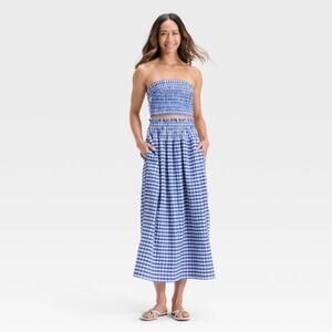 Gingham Check Smocked Skirt Tube Top Set Beach Resort Vacation Coastal Cottage